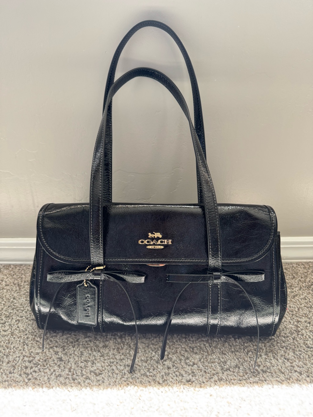 Coach Black Patent Leather Satchel With Gold Logo